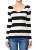 68682 V-Neck Long Sleeve Ribbed Wide Stripe Sweater