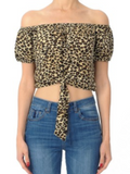 71033 Off Shoulder Blouse Top Animal Print Tie Front Loose Fit