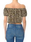 71033 Off Shoulder Blouse Top Animal Print Tie Front Loose Fit