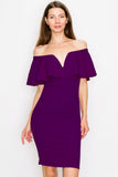 D3362 Off Shoulder Midi Dress Sleeveless Ruffle Bodycon