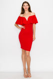 D3362 Off Shoulder Midi Dress Sleeveless Ruffle Bodycon