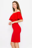 D3362 Off Shoulder Midi Dress Sleeveless Ruffle Bodycon