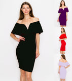 D3362 Off Shoulder Midi Dress Sleeveless Ruffle Bodycon