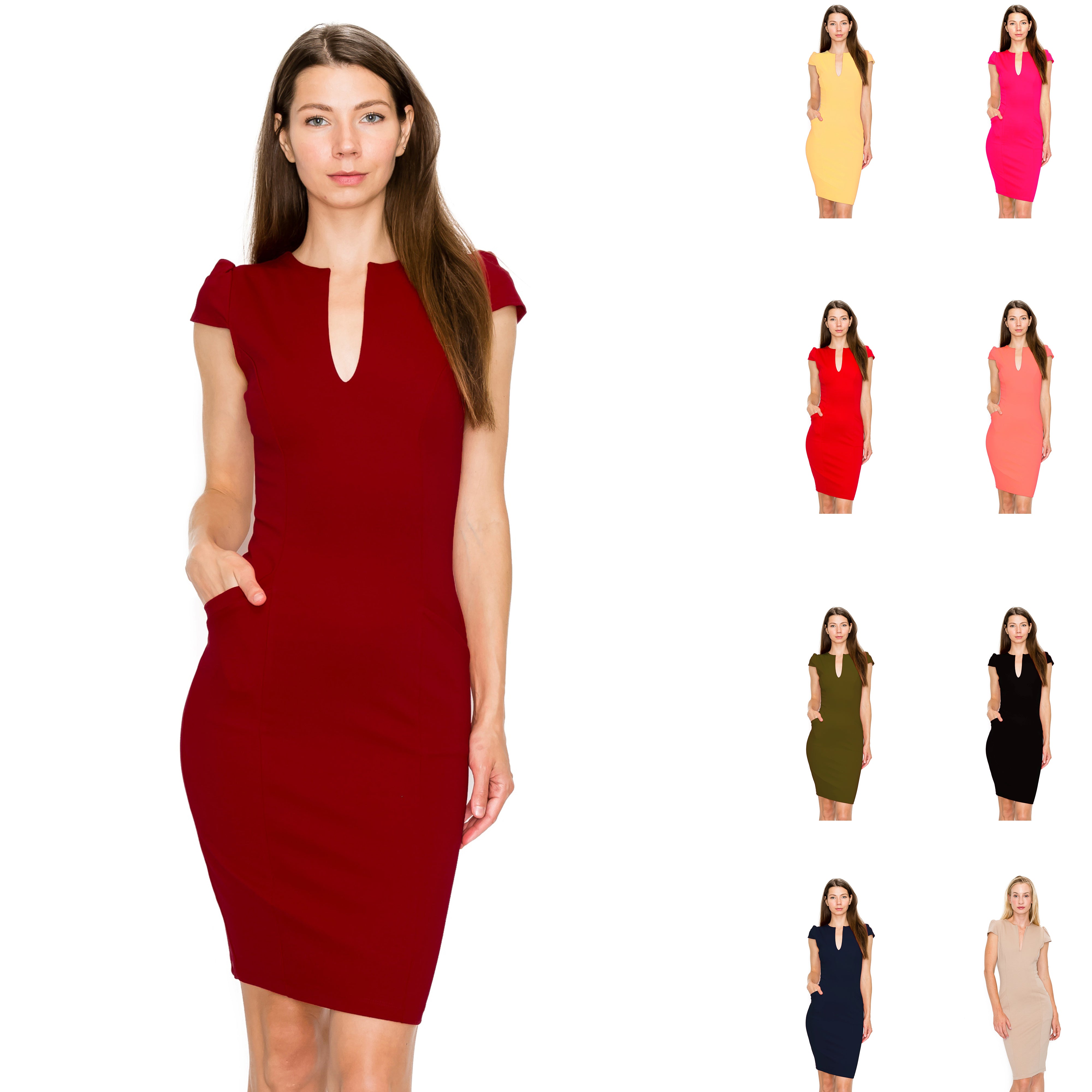 Capreze Ladies Midi Dress V Neck Bodycon Dresses Short Sleeve