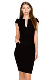 D3390 Cap Sleeve Midi Dress V-Neck Bodycon Zipper Back Pockets