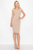 D3390 Cap Sleeve Midi Dress V-Neck Bodycon Zipper Back Pockets