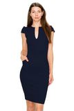 D3390 Cap Sleeve Midi Dress V-Neck Bodycon Zipper Back Pockets