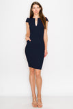 D3390 Cap Sleeve Midi Dress V-Neck Bodycon Zipper Back Pockets