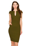 D3390 Cap Sleeve Midi Dress V-Neck Bodycon Zipper Back Pockets