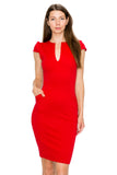 D3390 Cap Sleeve Midi Dress V-Neck Bodycon Zipper Back Pockets