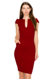 D3390 Cap Sleeve Midi Dress V-Neck Bodycon Zipper Back Pockets