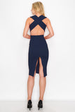 D3417 Sleeveless Cross Back Midi Dress V-Neck Bodycon