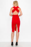 D3417 Sleeveless Cross Back Midi Dress V-Neck Bodycon