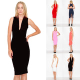 D3417 Sleeveless Cross Back Midi Dress V-Neck Bodycon