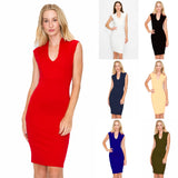 D3514 Sleeveless Midi Dress V-Neck Bodycon Zipper Back