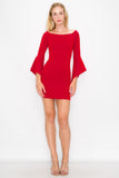 D3518 Bell Sleeve Off Shoulder Mini Dress Bodycon Zipper Back