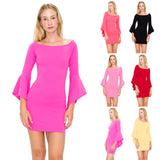 D3518 Bell Sleeve Off Shoulder Mini Dress Bodycon Zipper Back