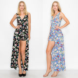 LP2254 Floral Shorts Romper with Maxi Skirt Overlay Front Slit Sleeveless