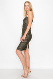 D3889 Spaghetti Strap Midi Dress Sleeveless Black/Gold Stripe Bra Cup