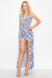 LP2254 Floral Shorts Romper with Maxi Skirt Overlay Front Slit Sleeveless