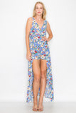 LP2254 Floral Shorts Romper with Maxi Skirt Overlay Front Slit Sleeveless