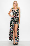 LP2254 Floral Shorts Romper with Maxi Skirt Overlay Front Slit Sleeveless