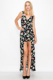 LP2254 Floral Shorts Romper with Maxi Skirt Overlay Front Slit Sleeveless