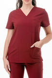 AJ1002 Medical Scrub Set 4 Way Stretch 6 Pockets V-Neck Top Joggers Pants Uniform Merlot