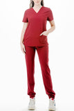 AJ1002 Medical Scrub Set 4 Way Stretch 6 Pockets V-Neck Top Joggers Pants Uniform Merlot