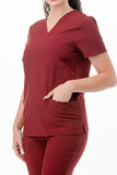 AJ1002 Medical Scrub Set 4 Way Stretch 6 Pockets V-Neck Top Joggers Pants Uniform Merlot