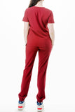 AJ1002 Medical Scrub Set 4 Way Stretch 6 Pockets V-Neck Top Joggers Pants Uniform Merlot