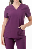 AJ1002 Medical Scrub Set 4 Way Stretch 6 Pockets V-Neck Top Joggers Pants Uniform Purple