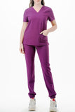 AJ1002 Medical Scrub Set 4 Way Stretch 6 Pockets V-Neck Top Joggers Pants Uniform Purple