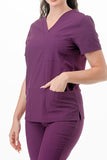 AJ1002 Medical Scrub Set 4 Way Stretch 6 Pockets V-Neck Top Joggers Pants Uniform Purple