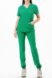 AJ1002 Medical Scrub Set 4 Way Stretch 6 Pockets V-Neck Top Joggers Pants Uniform Kelly Green