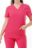 AJ1002 Medical Scrub Set 4 Way Stretch 6 Pockets V-Neck Top Joggers Pants Uniform Fuchsia