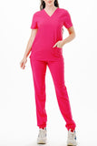 AJ1002 Medical Scrub Set 4 Way Stretch 6 Pockets V-Neck Top Joggers Pants Uniform Red