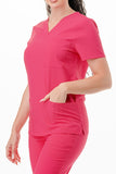 AJ1002 Medical Scrub Set 4 Way Stretch 6 Pockets V-Neck Top Joggers Pants Uniform Red