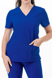 AJ1002 Medical Scrub Set 4 Way Stretch 6 Pockets V-Neck Top Joggers Pants Uniform Royal Blue