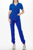 AJ1002 Medical Scrub Set 4 Way Stretch 6 Pockets V-Neck Top Joggers Pants Uniform Royal Blue