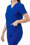 AJ1002 Medical Scrub Set 4 Way Stretch 6 Pockets V-Neck Top Joggers Pants Uniform Royal Blue