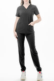 AJ1002 Medical Scrub Set 4 Way Stretch 6 Pockets V-Neck Top Joggers Pants Uniform Black