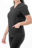 AJ1002 Medical Scrub Set 4 Way Stretch 6 Pockets V-Neck Top Joggers Pants Uniform Black