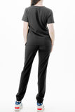 AJ1002 Medical Scrub Set 4 Way Stretch 6 Pockets V-Neck Top Joggers Pants Uniform Black