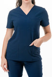 AJ1002 Medical Scrub Set 4 Way Stretch 6 Pockets V-Neck Top Joggers Pants Uniform Navy