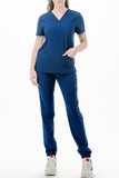 AJ1002 Medical Scrub Set 4 Way Stretch 6 Pockets V-Neck Top Joggers Pants Uniform Navy