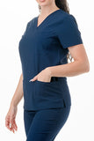 AJ1002 Medical Scrub Set 4 Way Stretch 6 Pockets V-Neck Top Joggers Pants Uniform Navy