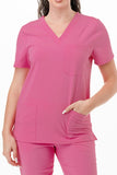 AJ1002 Medical Scrub Set 4 Way Stretch 6 Pockets V-Neck Top Joggers Pants Uniform Pink