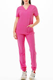 AJ1002 Medical Scrub Set 4 Way Stretch 6 Pockets V-Neck Top Joggers Pants Uniform Pink