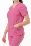 AJ1002 Medical Scrub Set 4 Way Stretch 6 Pockets V-Neck Top Joggers Pants Uniform Pink